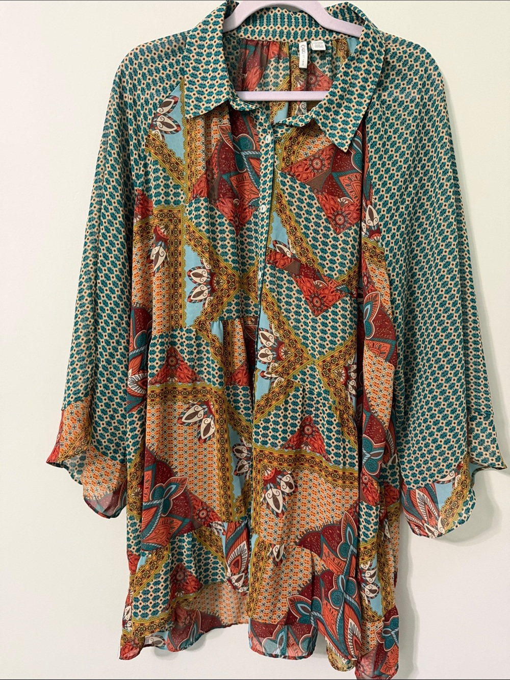 Boho Patchwork Print Long Sleeve Tunic Shirt in Teal & Rust